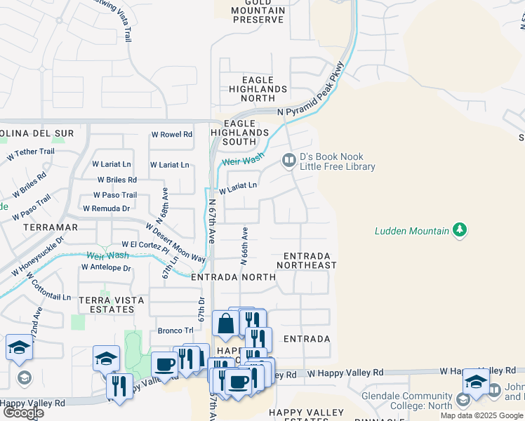 map of restaurants, bars, coffee shops, grocery stores, and more near 25823 North 65th Drive in Phoenix