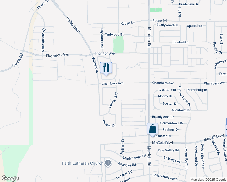 map of restaurants, bars, coffee shops, grocery stores, and more near 25716 Leah Lane in Menifee