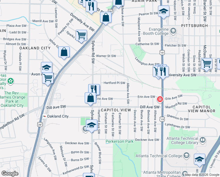 map of restaurants, bars, coffee shops, grocery stores, and more near 843 Beechwood Avenue Southwest in Atlanta