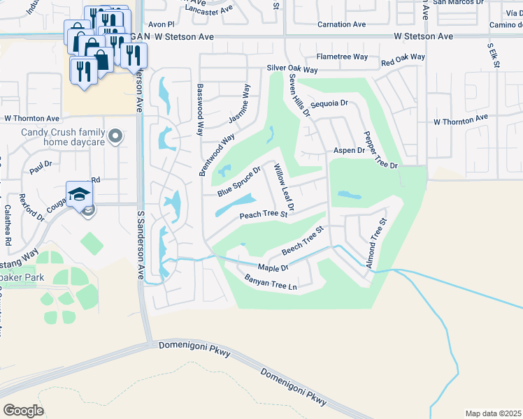 map of restaurants, bars, coffee shops, grocery stores, and more near 2752 Peach Tree Street in Hemet