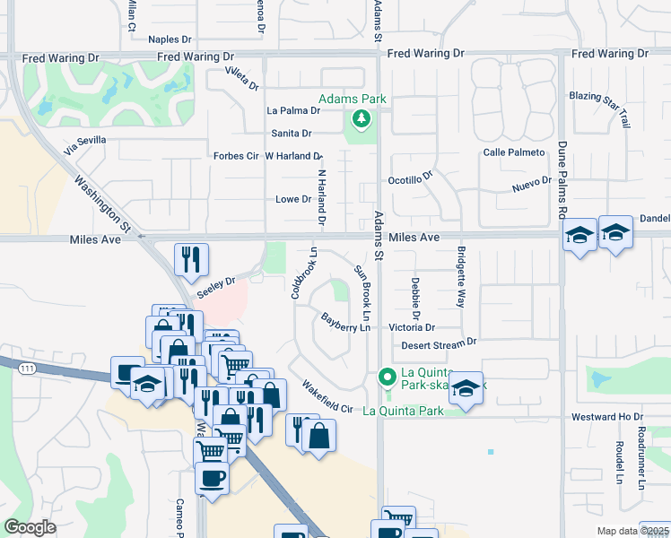 map of restaurants, bars, coffee shops, grocery stores, and more near 45140 Sunberry Court in La Quinta