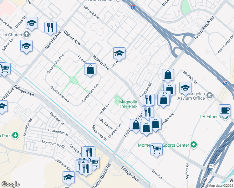 map of restaurants, bars, coffee shops, grocery stores, and more near 2214 Fig Tree Drive in Tustin
