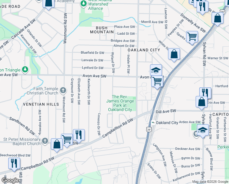 map of restaurants, bars, coffee shops, grocery stores, and more near 1264 Epworth Street Southwest in Atlanta
