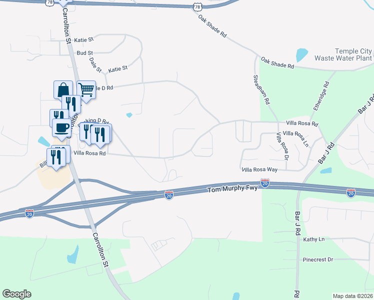 map of restaurants, bars, coffee shops, grocery stores, and more near 164 Villa Rosa Road in Temple