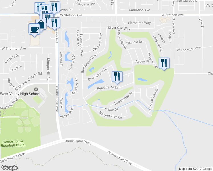 map of restaurants, bars, coffee shops, grocery stores, and more near 2752 Peach Tree Street in Hemet