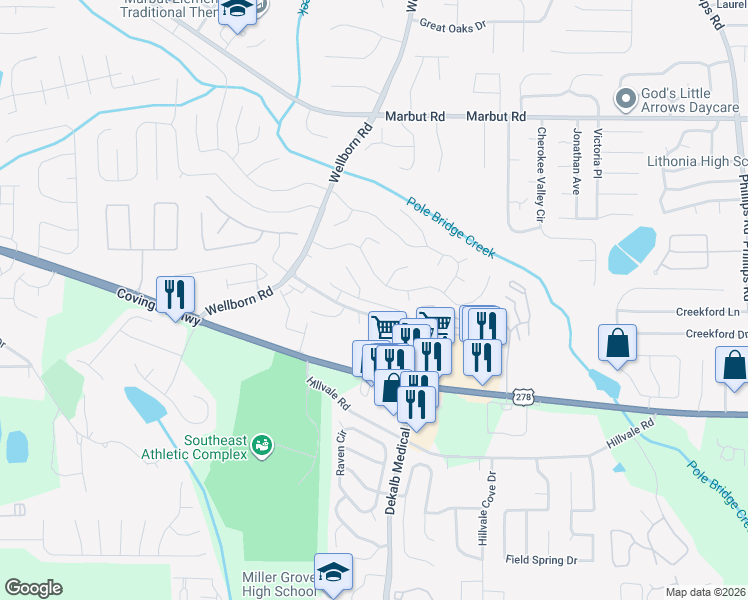 map of restaurants, bars, coffee shops, grocery stores, and more near 5918 Crescent Ridge Court in Lithonia