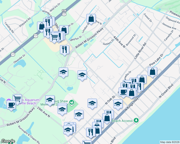 map of restaurants, bars, coffee shops, grocery stores, and more near 3741 Block House Way in Myrtle Beach