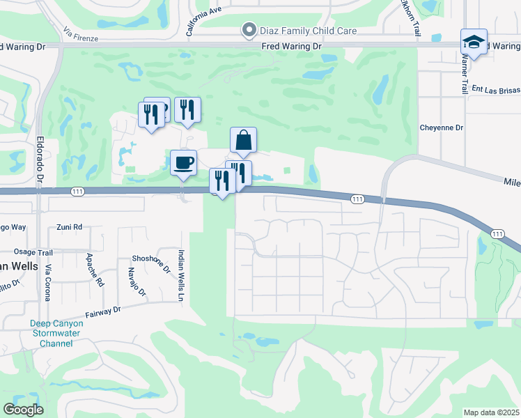 map of restaurants, bars, coffee shops, grocery stores, and more near 45029 Casas De Mariposa in Indian Wells