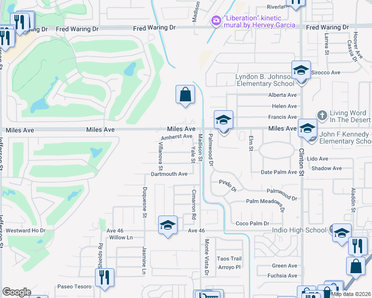 map of restaurants, bars, coffee shops, grocery stores, and more near 80917 Brown Street in Indio