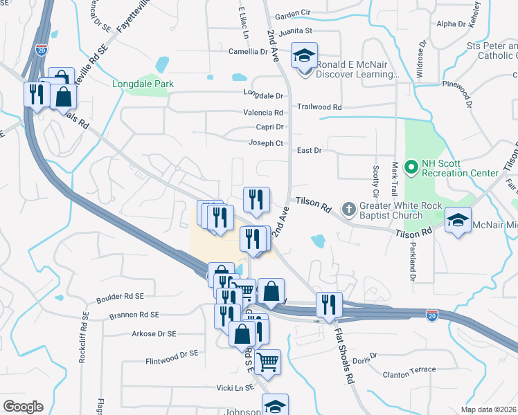 map of restaurants, bars, coffee shops, grocery stores, and more near 2353 Preston Park Place in Decatur