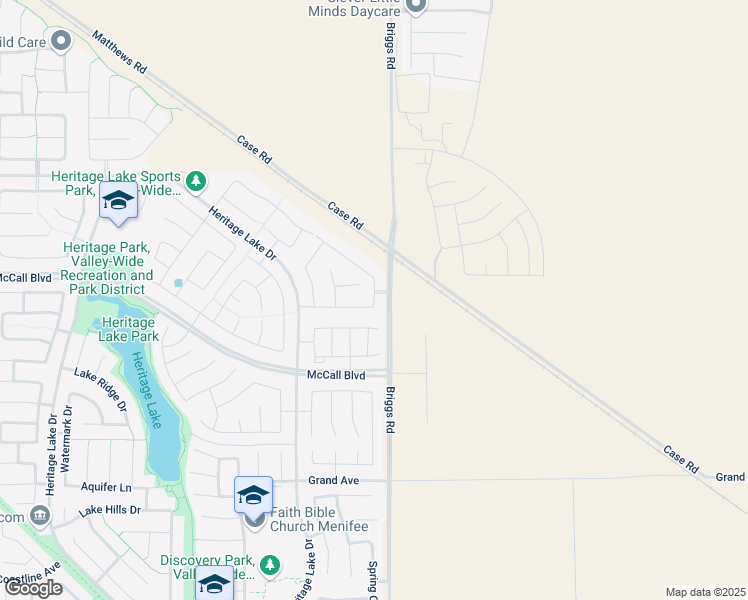 map of restaurants, bars, coffee shops, grocery stores, and more near 29985 Glacier Bay Drive in Menifee