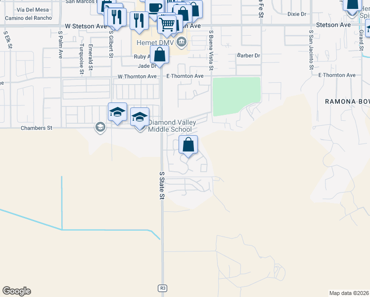 map of restaurants, bars, coffee shops, grocery stores, and more near 1536 South State Street in Hemet