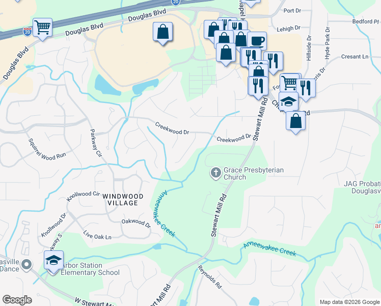 map of restaurants, bars, coffee shops, grocery stores, and more near 8611 Stone Creek Court in Douglasville