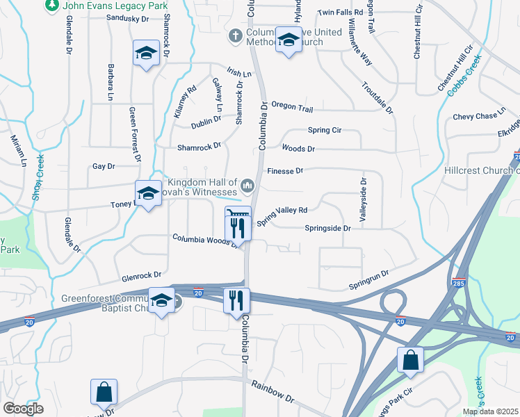 map of restaurants, bars, coffee shops, grocery stores, and more near 2328 Columbia Drive in Decatur
