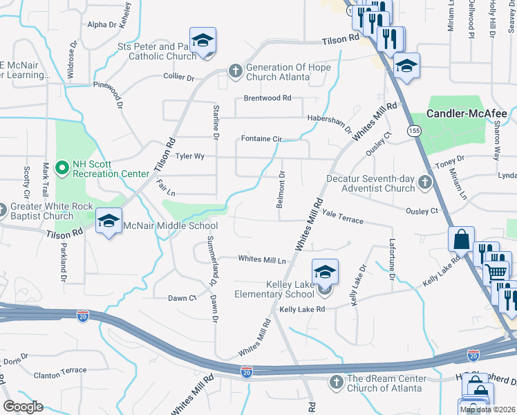 map of restaurants, bars, coffee shops, grocery stores, and more near 2508 Brentford Place in Decatur