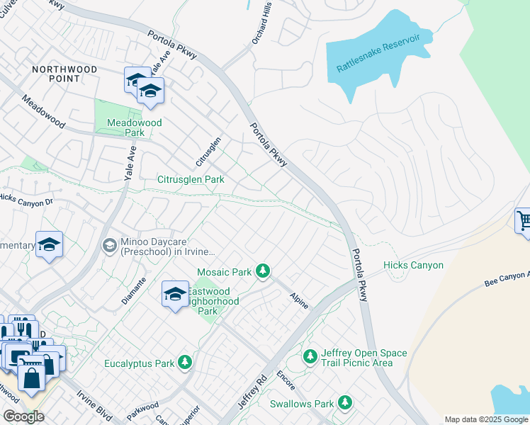 map of restaurants, bars, coffee shops, grocery stores, and more near 105 Cutlass in Irvine