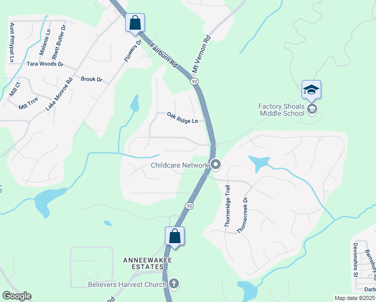 map of restaurants, bars, coffee shops, grocery stores, and more near Mountain Brook Court in Douglasville