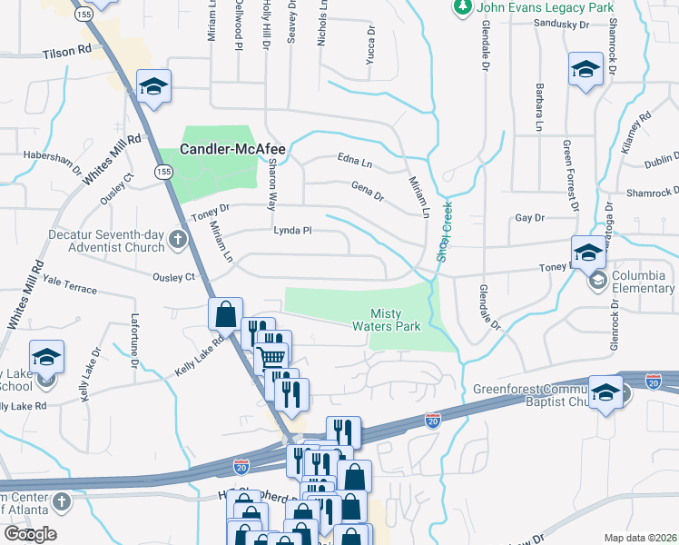 map of restaurants, bars, coffee shops, grocery stores, and more near 2622 Miriam Lane in Decatur