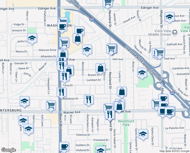 map of restaurants, bars, coffee shops, grocery stores, and more near 8322 Bryant Drive in Huntington Beach