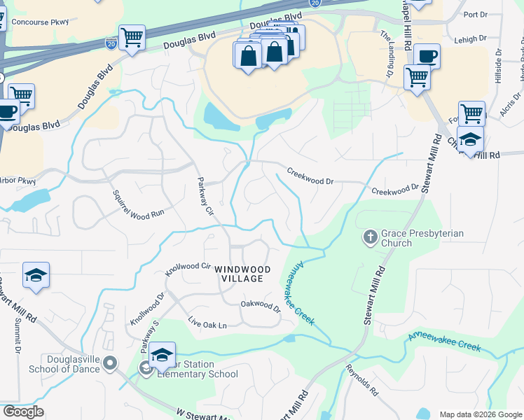 map of restaurants, bars, coffee shops, grocery stores, and more near 8624 Wood Springs Court in Douglasville