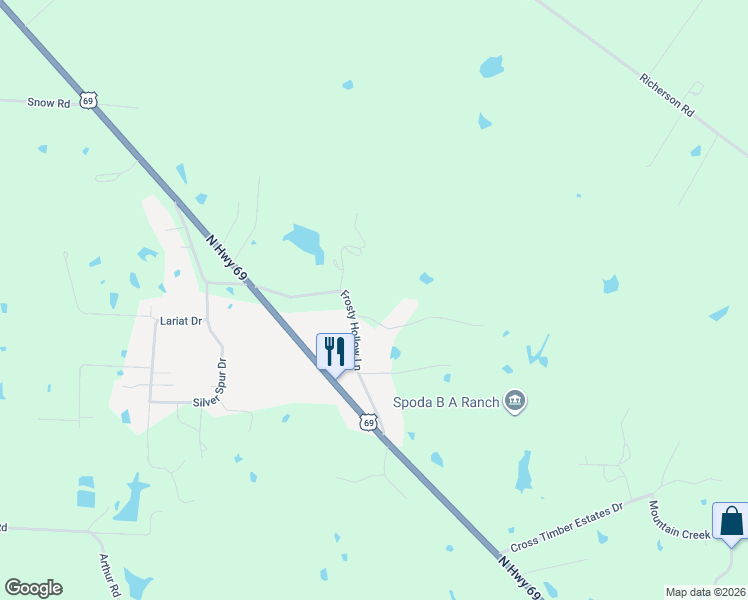 map of restaurants, bars, coffee shops, grocery stores, and more near 334 Frosty Hollow Road in Denison