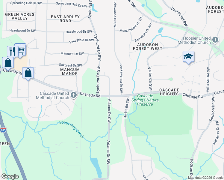 map of restaurants, bars, coffee shops, grocery stores, and more near 1284 Lynway Lane Southwest in Atlanta