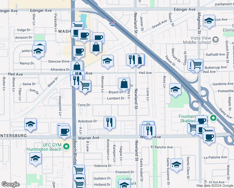 map of restaurants, bars, coffee shops, grocery stores, and more near 8322 Bryant Drive in Huntington Beach