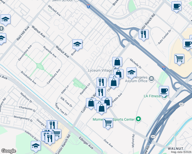map of restaurants, bars, coffee shops, grocery stores, and more near 14482 Raintree Road in Tustin