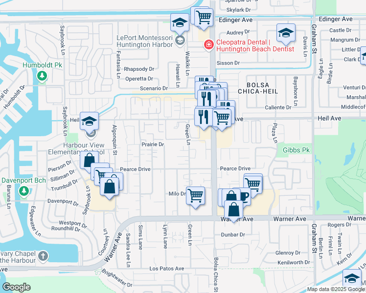 map of restaurants, bars, coffee shops, grocery stores, and more near 4852 Neely Circle in Huntington Beach