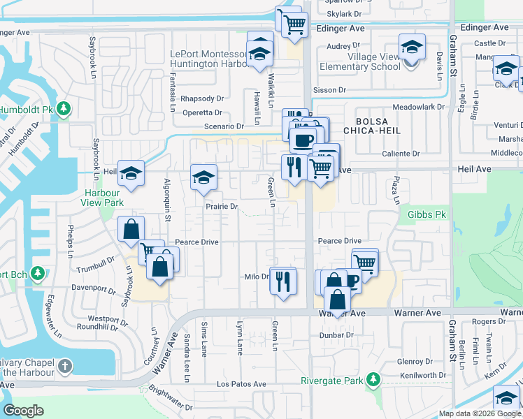 map of restaurants, bars, coffee shops, grocery stores, and more near 4852 Neely Circle in Huntington Beach