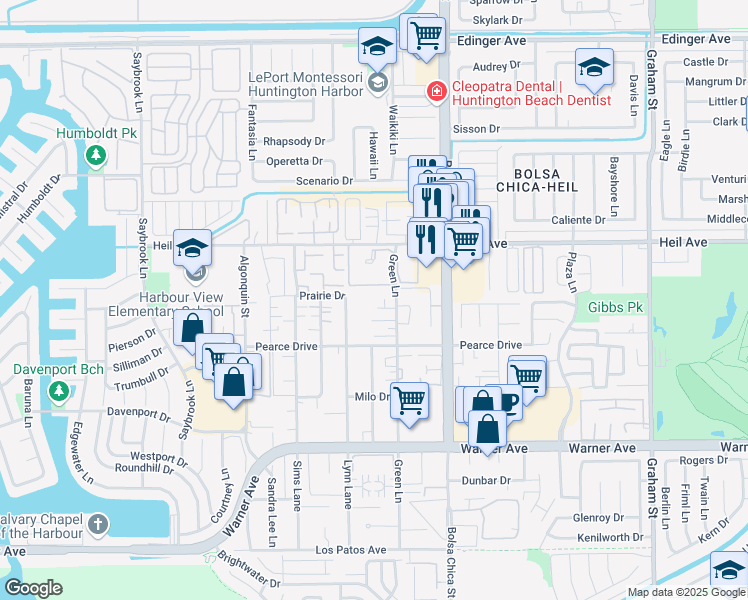 map of restaurants, bars, coffee shops, grocery stores, and more near 4852 Neely Circle in Huntington Beach