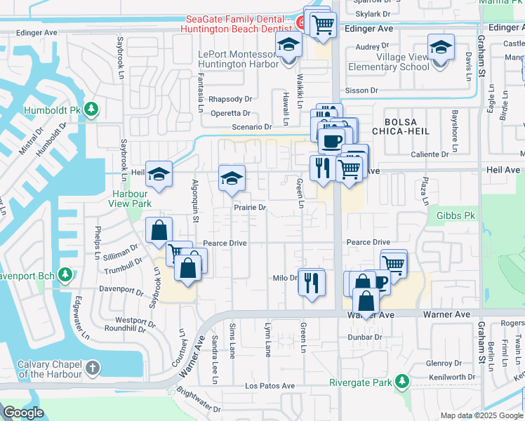 map of restaurants, bars, coffee shops, grocery stores, and more near 16671 Lynn Lane in Huntington Beach
