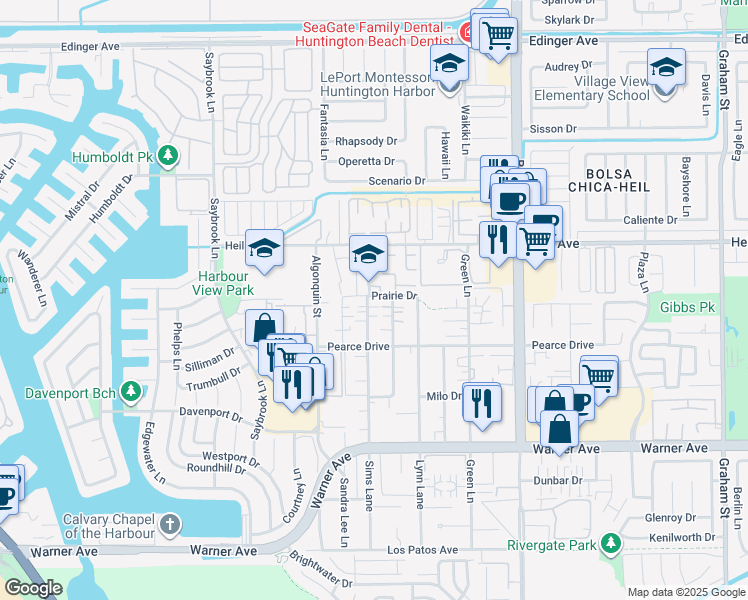 map of restaurants, bars, coffee shops, grocery stores, and more near 16671 Blanton Lane in Huntington Beach