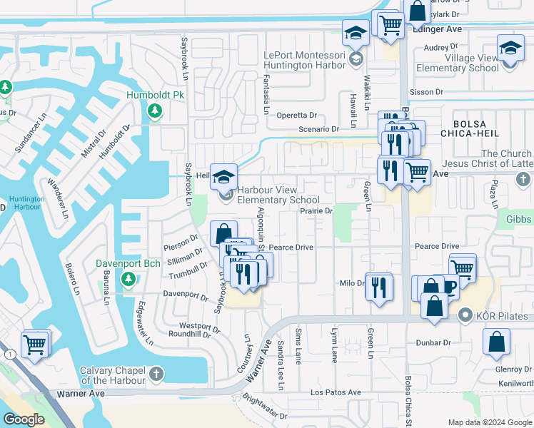 map of restaurants, bars, coffee shops, grocery stores, and more near 16662 Algonquin Street in Huntington Beach