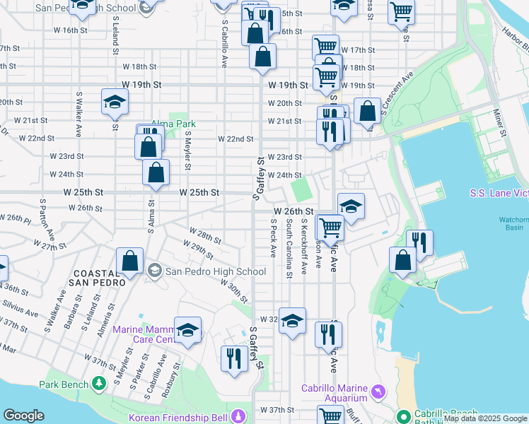 map of restaurants, bars, coffee shops, grocery stores, and more near 2624 South Peck Avenue in Los Angeles