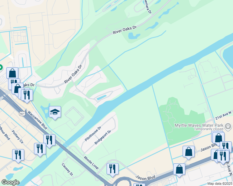 map of restaurants, bars, coffee shops, grocery stores, and more near 624 Waterway Village Boulevard in Myrtle Beach