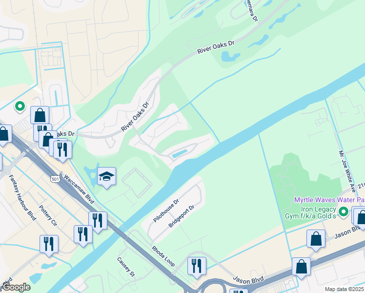 map of restaurants, bars, coffee shops, grocery stores, and more near 616 Waterway Village Boulevard in Myrtle Beach