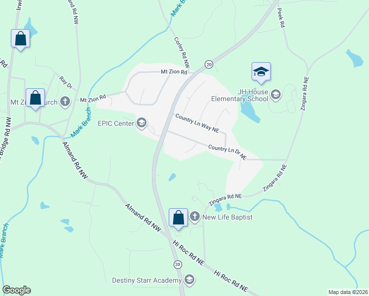 map of restaurants, bars, coffee shops, grocery stores, and more near 2982 Creekview Court Northeast in Conyers