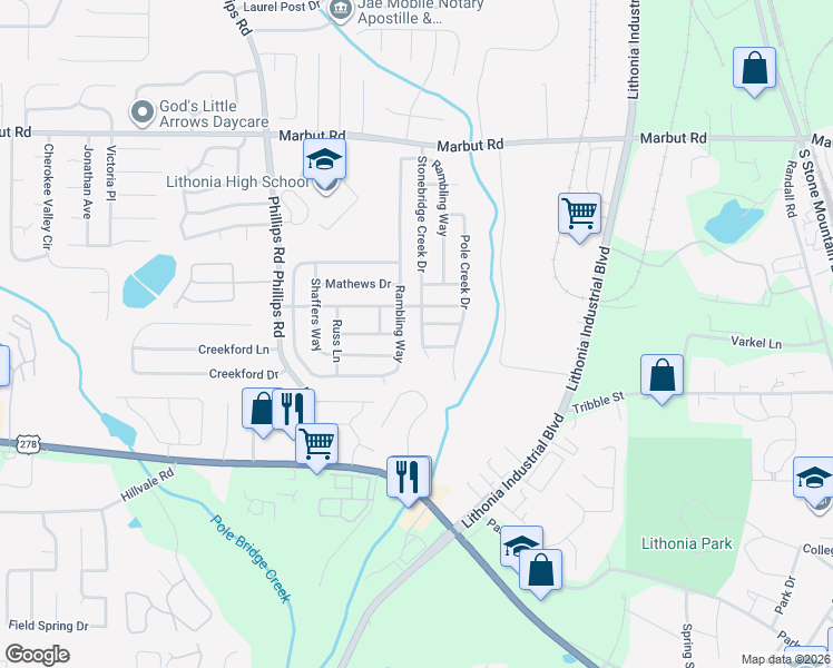 map of restaurants, bars, coffee shops, grocery stores, and more near 3099 Stonebridge Creek Drive in Lithonia
