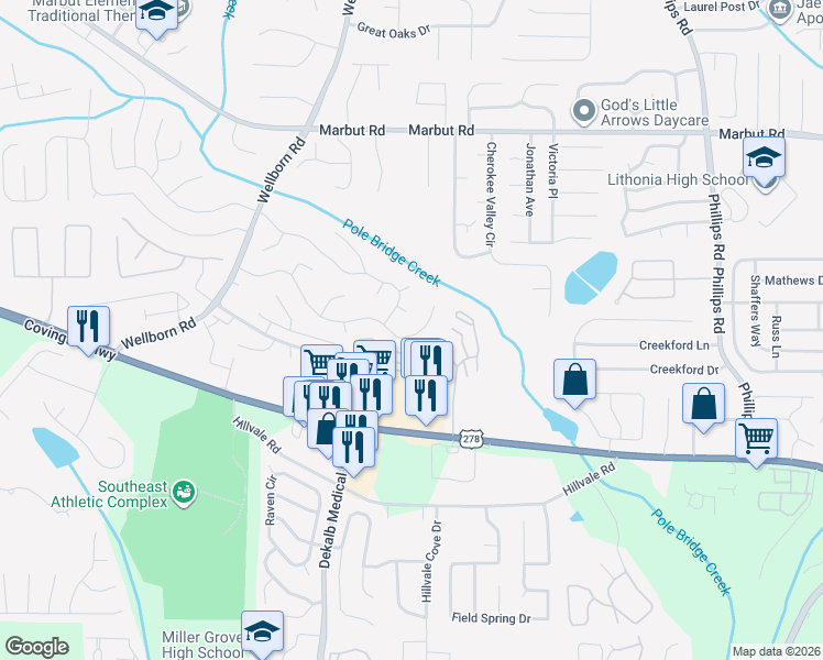 map of restaurants, bars, coffee shops, grocery stores, and more near 6057 Old Wellborn Trce in Lithonia