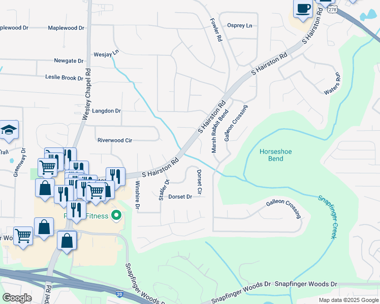 map of restaurants, bars, coffee shops, grocery stores, and more near 2352 South Hairston Road in Decatur
