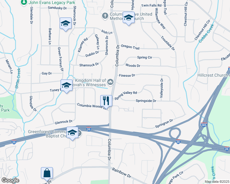map of restaurants, bars, coffee shops, grocery stores, and more near 2328 Columbia Drive in Decatur