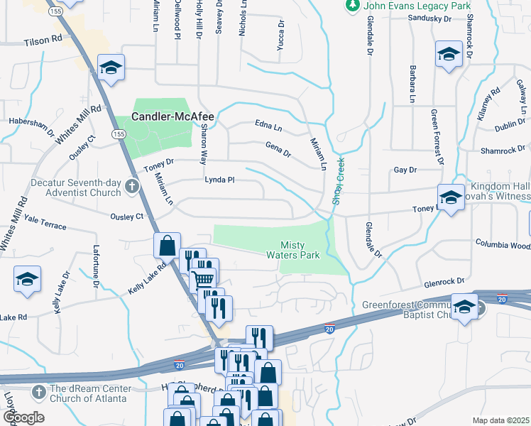 map of restaurants, bars, coffee shops, grocery stores, and more near 2617 Miriam Lane in Decatur