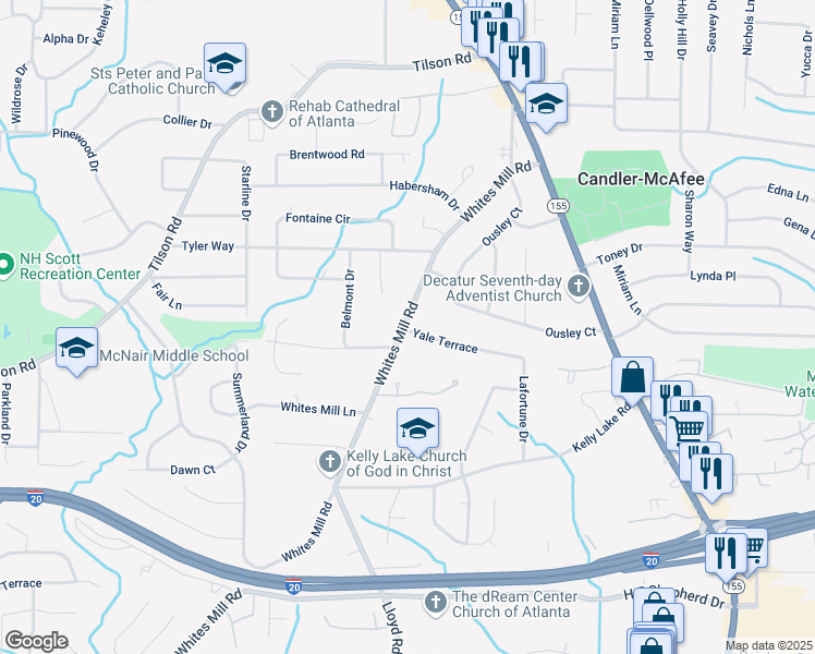 map of restaurants, bars, coffee shops, grocery stores, and more near Yale Terrace in Candler-McAfee