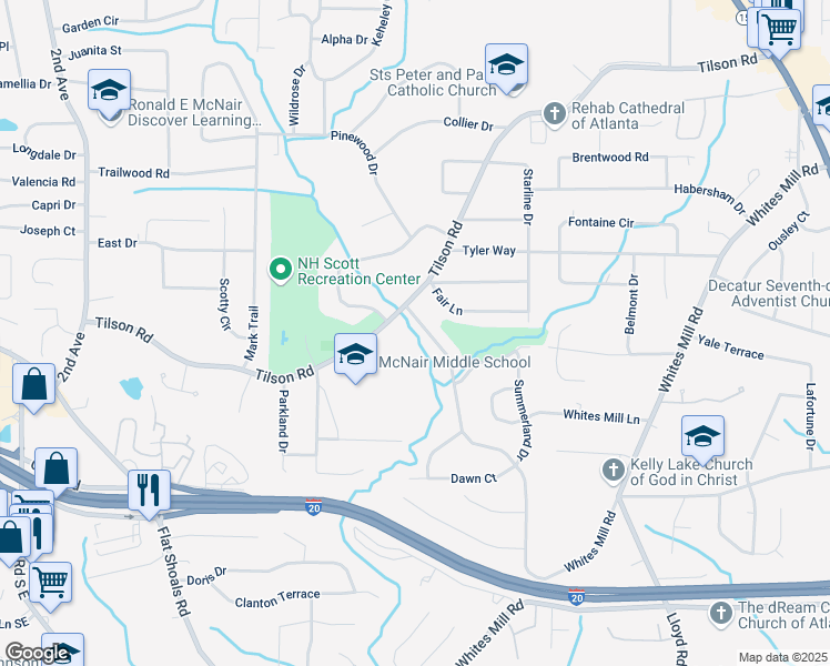 map of restaurants, bars, coffee shops, grocery stores, and more near 2343 Dawn Drive in Decatur
