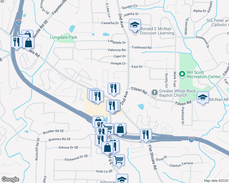 map of restaurants, bars, coffee shops, grocery stores, and more near 2353 Preston Park Place in Decatur