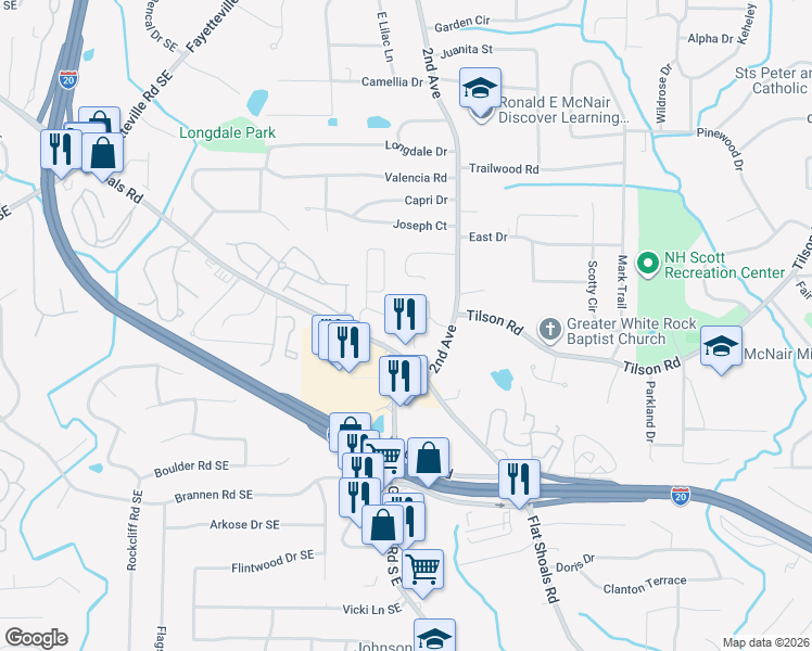 map of restaurants, bars, coffee shops, grocery stores, and more near 2353 Preston Park Place in Decatur