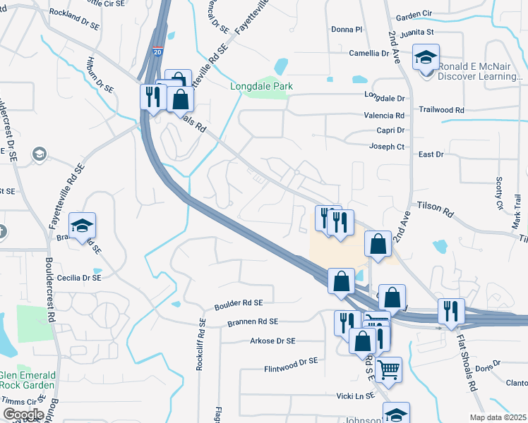 map of restaurants, bars, coffee shops, grocery stores, and more near 2374 Woodcastle Lane Southeast in Atlanta