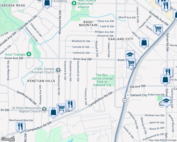 map of restaurants, bars, coffee shops, grocery stores, and more near 1282 Lorenzo Drive Southwest in Atlanta