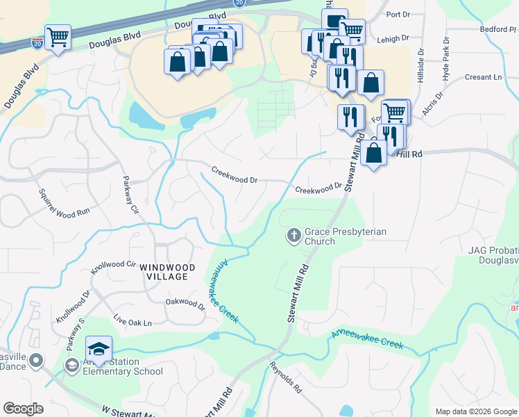 map of restaurants, bars, coffee shops, grocery stores, and more near 8611 Stone Creek Court in Douglasville